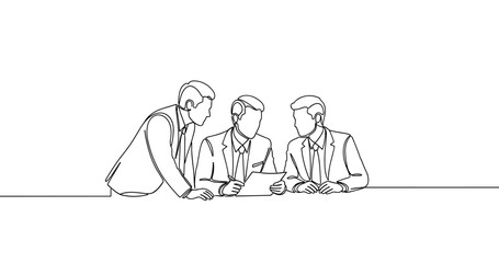 Obraz premium Three caucasian male adults in business meeting reviewing documents. No editable stroke