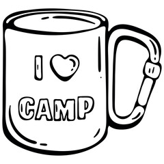 Camping Mug with Carabiner Handle. Hand Drawn Icon, Travel Cup Doodle Sketch