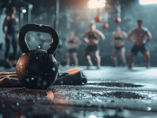 Close-Up of Kettlebell in Wet Gym with People Training in Background 