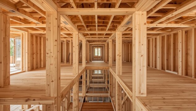 A multi-story sustainable apartment building made of engineered timber, showcasing wooden floors, ceilings, and walls