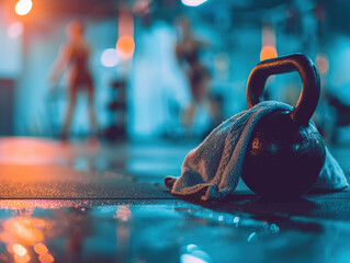 Gym Kettlebell with Towel in Modern Fitness Center