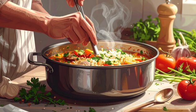 Hands stir a vibrant, steaming stew in a large pot amidst fresh produce on a light-colored kitchen counter