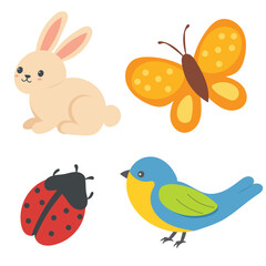 Fototapeta premium Spring Illustration Set with Bunny Butterfly and Ladybug Collection