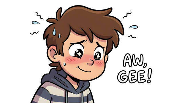 Blushing Cartoon Boy with Surprised Expression.