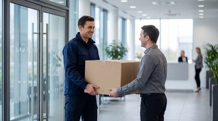 Fototapeta premium Delivery personnel in blue uniform hands over a cardboard box to a man in gray shirt inside a modern office lobby with large windows and greenery