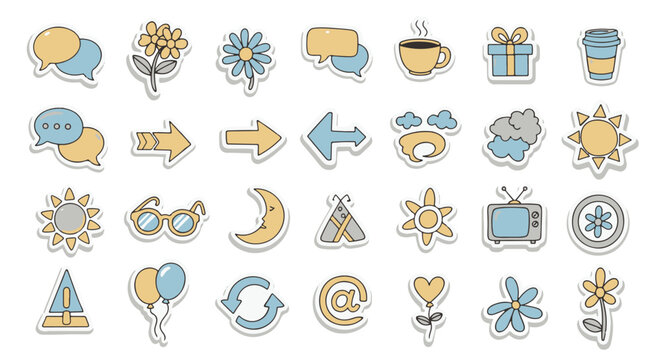 Collection of various handdrawn stickers with different shapes and objects.