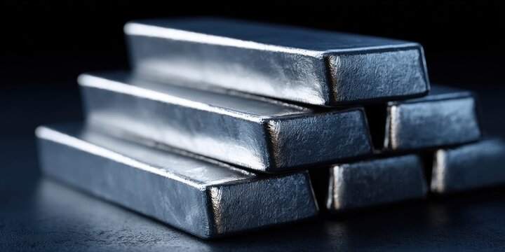 Stack of shiny silver bullion bars on a dark reflective surface