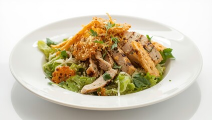 A tasty chicken salad with herbs and crackers, presented on a white plate