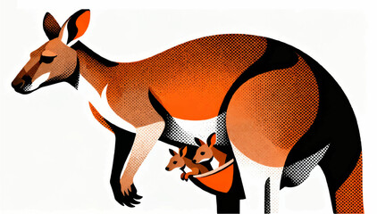 A flat vector stylized illustration of a kangaroo profile and its babies in close-up, made with contrasting dots on a white background. © Dzianis
