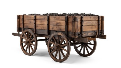 Obraz premium A vintage wooden mine cart, strengthened with metal bands for coal or ore transport, stands out against a plain white background