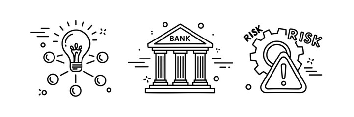 Financial innovation concept with light bulb, bank icon, and risk gear symbols