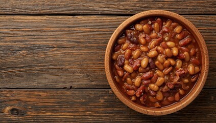 Fototapeta premium A wooden bowl of baked beans, also called pork beans, on a wooden backdrop with space for text