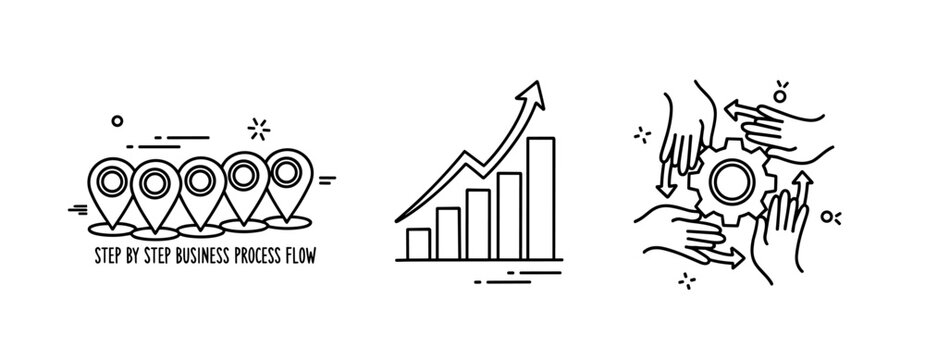 Business strategy diagrams: process flow, growth chart, teamwork collaboration