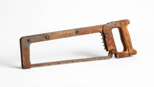 A worn-out hacksaw on a white backdrop