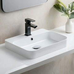 Fototapeta premium Modern White Ceramic Vessel Sink with Black Faucet and Plant Detail, Minimalist Bathroom Design, Luxury Fixtures, Home Decor, Bathroom Renovation, Basin, Faucet