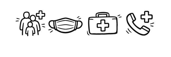 Naklejka premium Health and safety symbols: family, mask, first aid kit, emergency phone