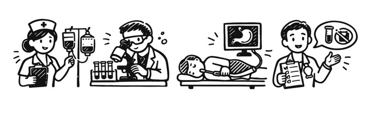 Healthcare professional activities: nurse, scientist, patient examination