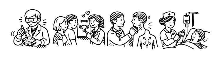 Cartoon scenes of medical treatments and interpersonal relationships