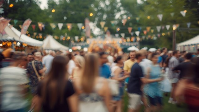 Abstract blurred figures at a vintage outdoor festival transitioning from day to night in a park. Theme: celebration