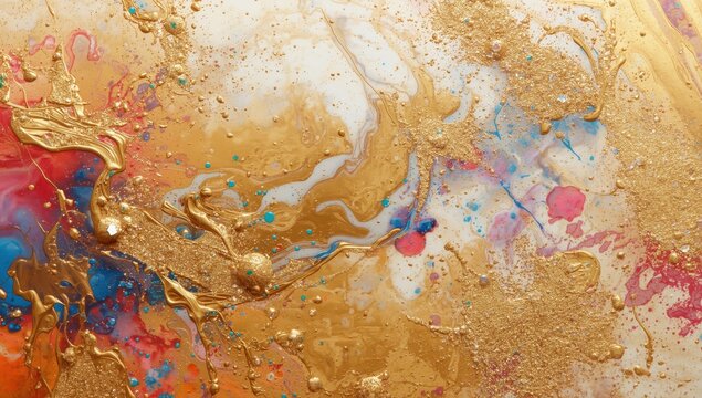 Abstract golden background with sparkling, colorful blobs and a marble effect
