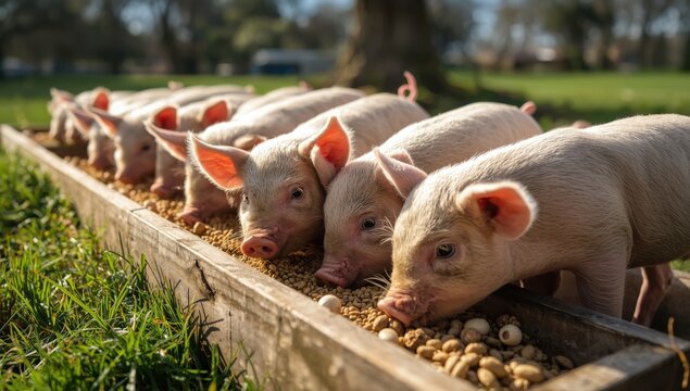 Adorable piglet feeding in trough at farm, several young pigs eating together, showcasing behavior and farm management