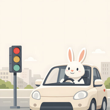 Clean flat illustration of a calm Easter bunny driving a small car at a city traffic light. Modern spring palette, minimal urban background, lots of copy space, friendly and commercial.
