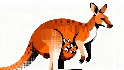 A flat vector stylized illustration of a kangaroo profile and its babies in close-up, made with contrasting dots on a white background. © Dzianis