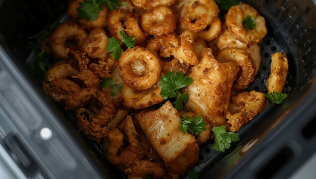 Aerial view of crispy fried calamari and fish in an air fryer
