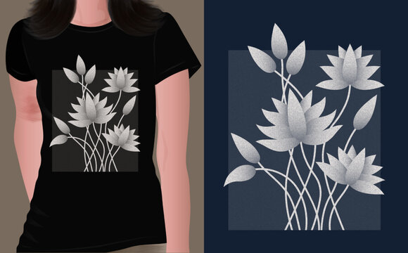 water lily flower bud t shirt print design. print on demand vector illustration nice effect white grey color 
water lily or lotus flower bud t shirt print design for dark color background.	