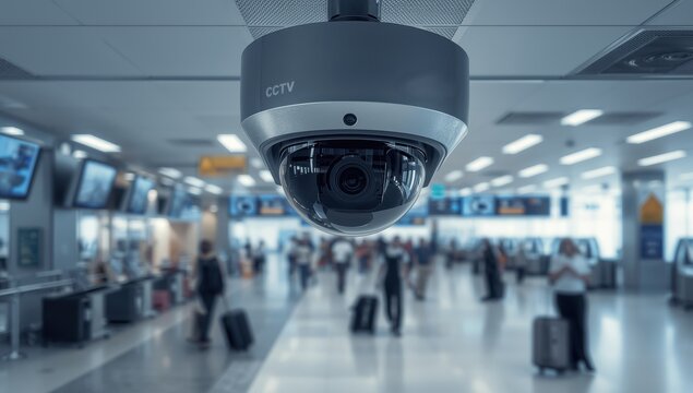 Airport security: detailed view of surveillance camera. Professional CCTV system for monitoring and ensuring safety in terminals