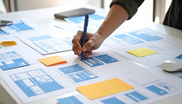 Designer hands working on digital UX UI interface, wireframe and app icons overlay, product design concept, modern workspace, high-tech style, copy space