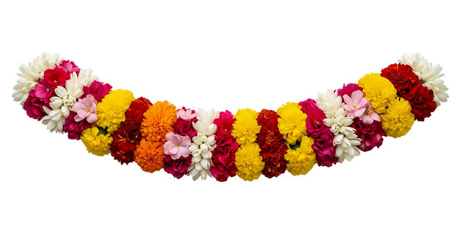 Indian festive flower garland isolated traditional marigold and jasmine floral decoration on transparent background