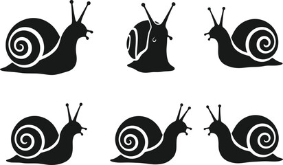 Snail silhouette set showing multiple views, cute garden mollusk shapes in minimalist black vector illustration isolated on white background for nature and animal design use © MdAnower