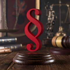 Red Paragraph Symbol on Gavel Stand with Legal Background.
