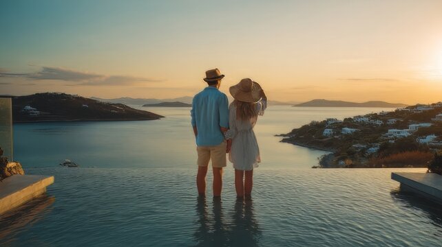A couple on romatic summer vacation satnd at the edge of  the infinity swimming pool enjoys a the sunset view behind the ocean