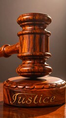 Wooden Gavel with Justice Engraved on Base, Symbolizing Law and Order.