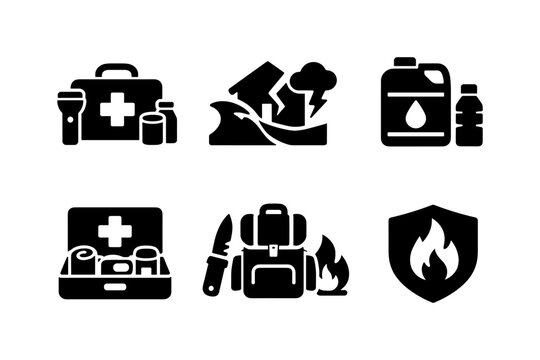 Emergency kit, survival equipment, disaster preparedness, and fire safety, solid black icon set vector illustration