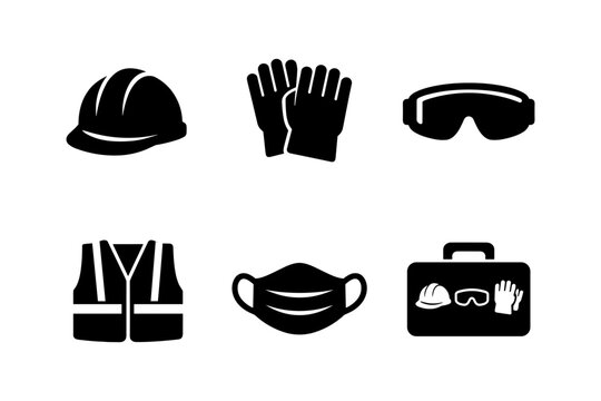 Work safety gear, protective equipment, and personal protective items, solid black icon set vector illustration