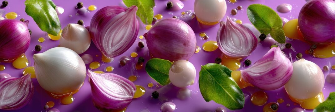 Fresh Red and White Onions with Spices on Vibrant Purple Background