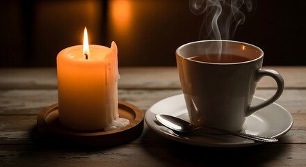 Steaming Coffee Cup with Lit Candle.