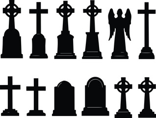 Naklejka premium Gravestone silhouette set illustration showing cemetery crosses angel statue and tombstones in different styles isolated on white background memorial funeral religion vector collection