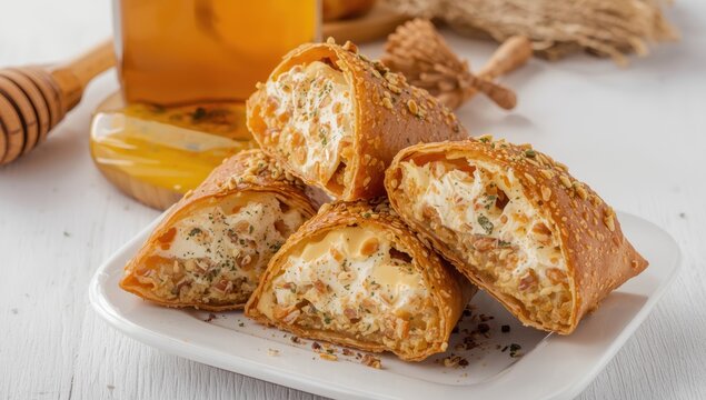 Arabic qatayef dessert, cream cheese and nut-filled pastry on a white background with space for text
