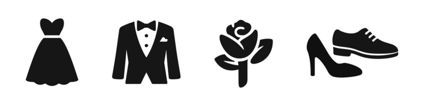 Wedding, Formal Attire, Fashion Design, Solid Black Icon Set Vector Illustration