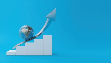 Arrow ascending towards a 3D Earth on white blocks, illustrating business growth against a blue backdrop with space for text. Concepts of success, planning, and economic progress
