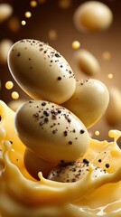 Obraz premium Gourmet Eggs Splashing in Creamy Sauce with Black Peppercorns
