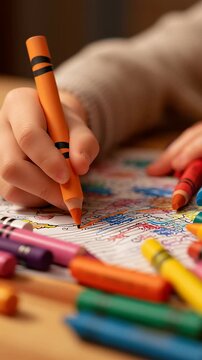 Close up of child coloring with orange crayon on paper surrounded by colorful crayons