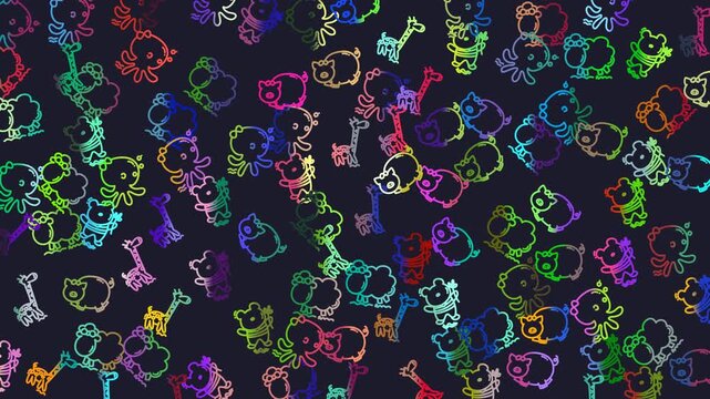 Doodle animal seamless pattern cute creatures colorful playful suitable for children's designs, fabric prints, backgrounds, or creative projects.