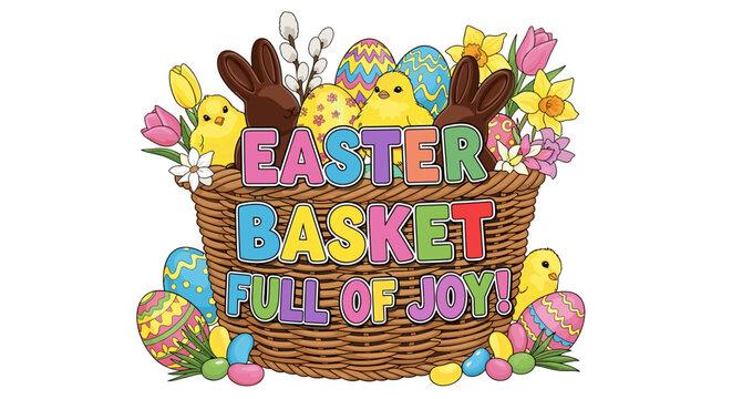 Colorful easter basket filled with decorated eggs and spring flowers
