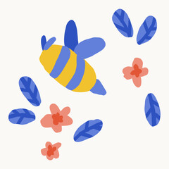 Flat vector illustration of a stylized bee flying among small blossoms and blue leaves in decorative arrangement on light background.