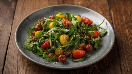 Assorted organic salad greens with cherry tomatoes on a grey plate atop a rustic wooden table